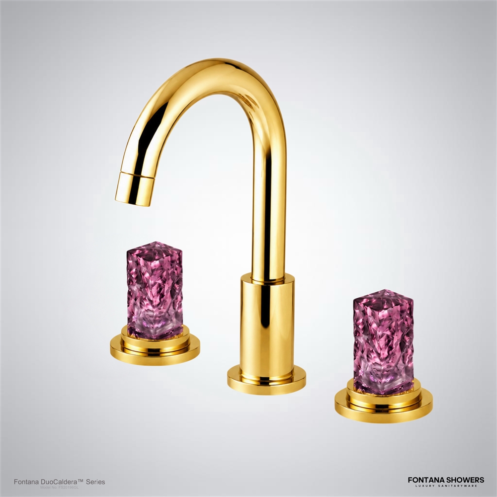 Luxury bathroom vanity with gold faucet marble countertop and round mirror